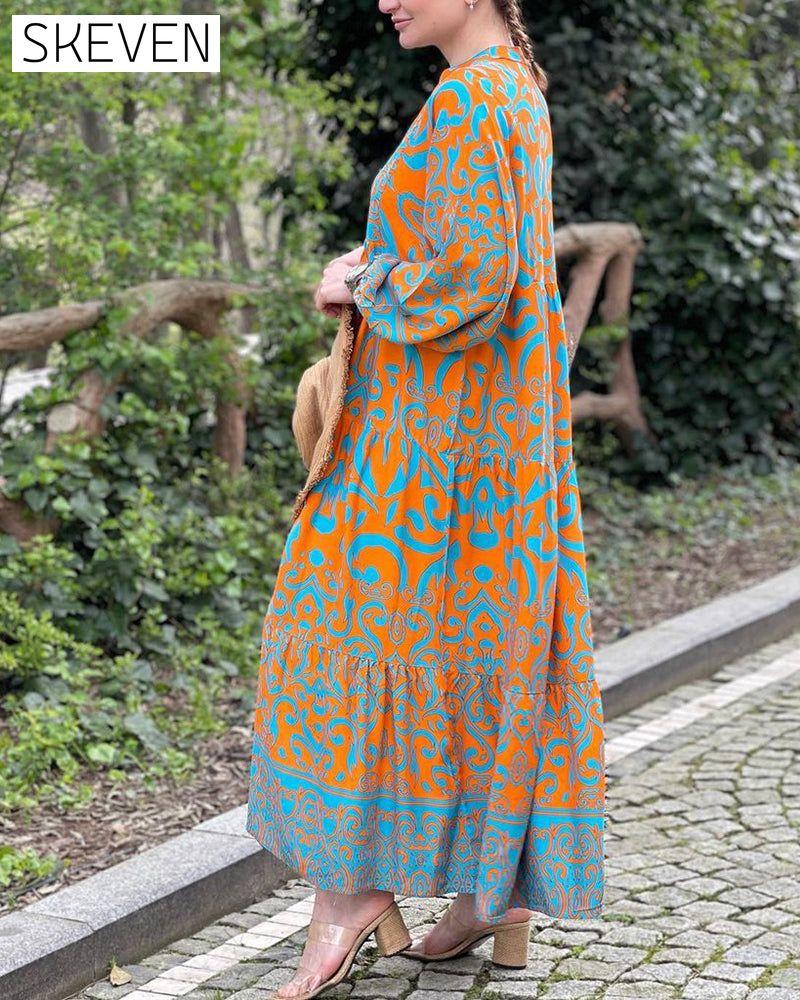 Hochwertiges bedrucktes, lässiges langes Kleid