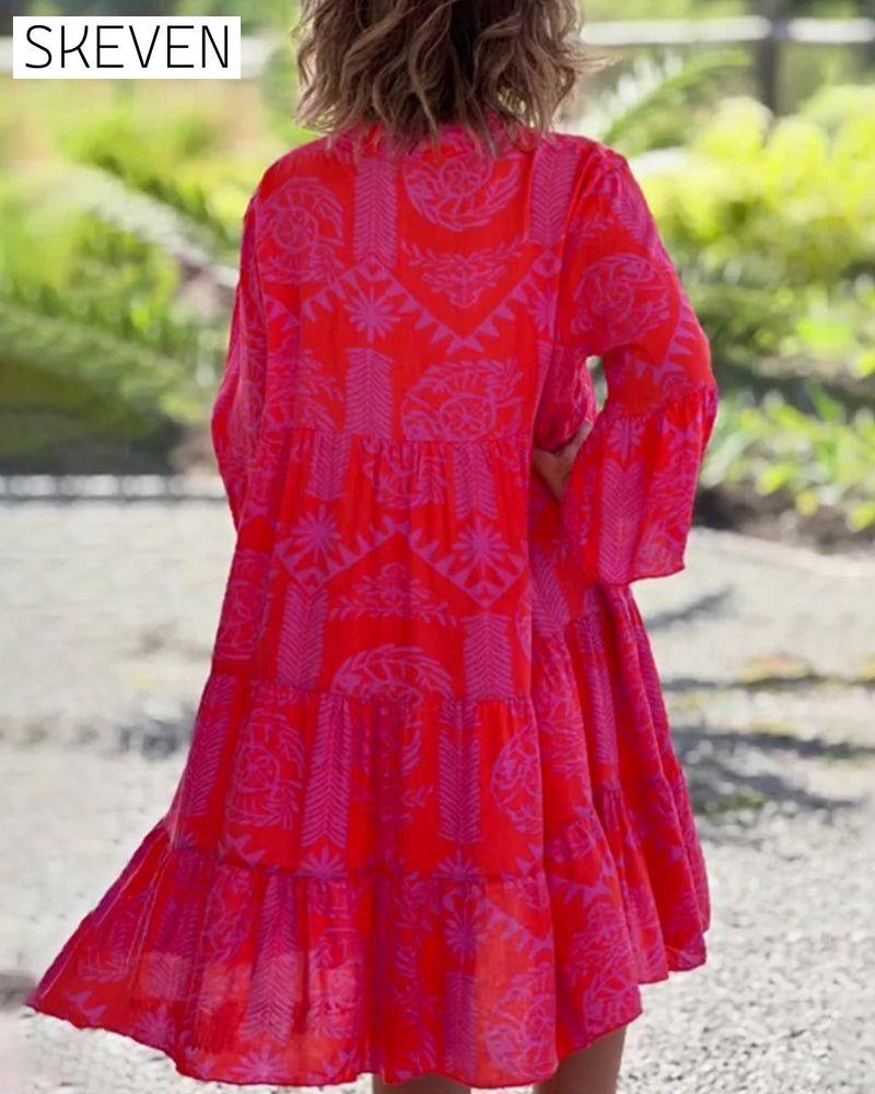 Boho Geometric Print 3/4 Sleeve Dress 23BF Casual Dresses Clothes Dresses Spring Summer