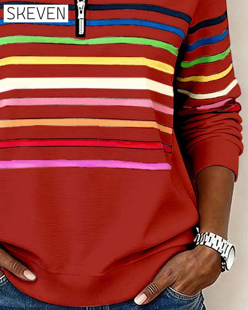 Modisches Sweatshirt mit Regenbogenstreifen und halbem Reißverschlusskragen