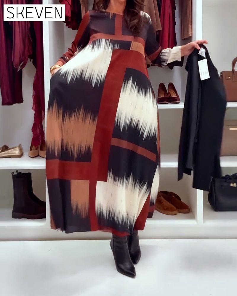 Modisches bedrucktes Kleid mit Rundhalsausschnitt und langen Ärmeln