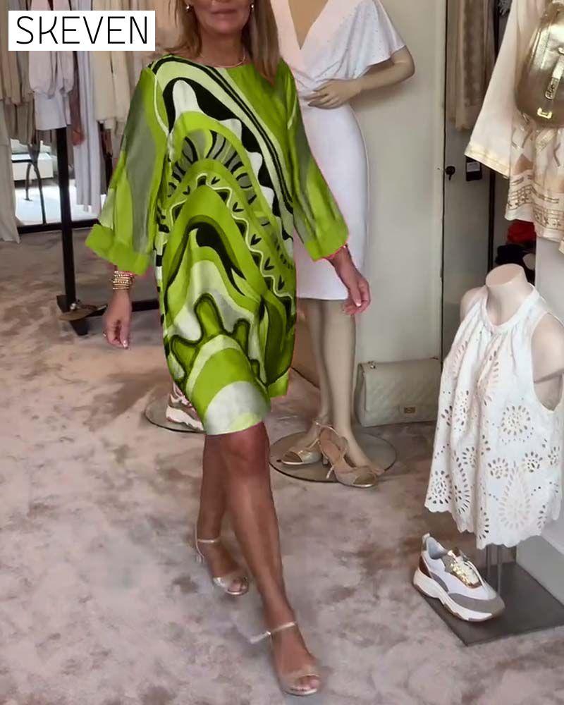 Round neck fashionable printed midi dress