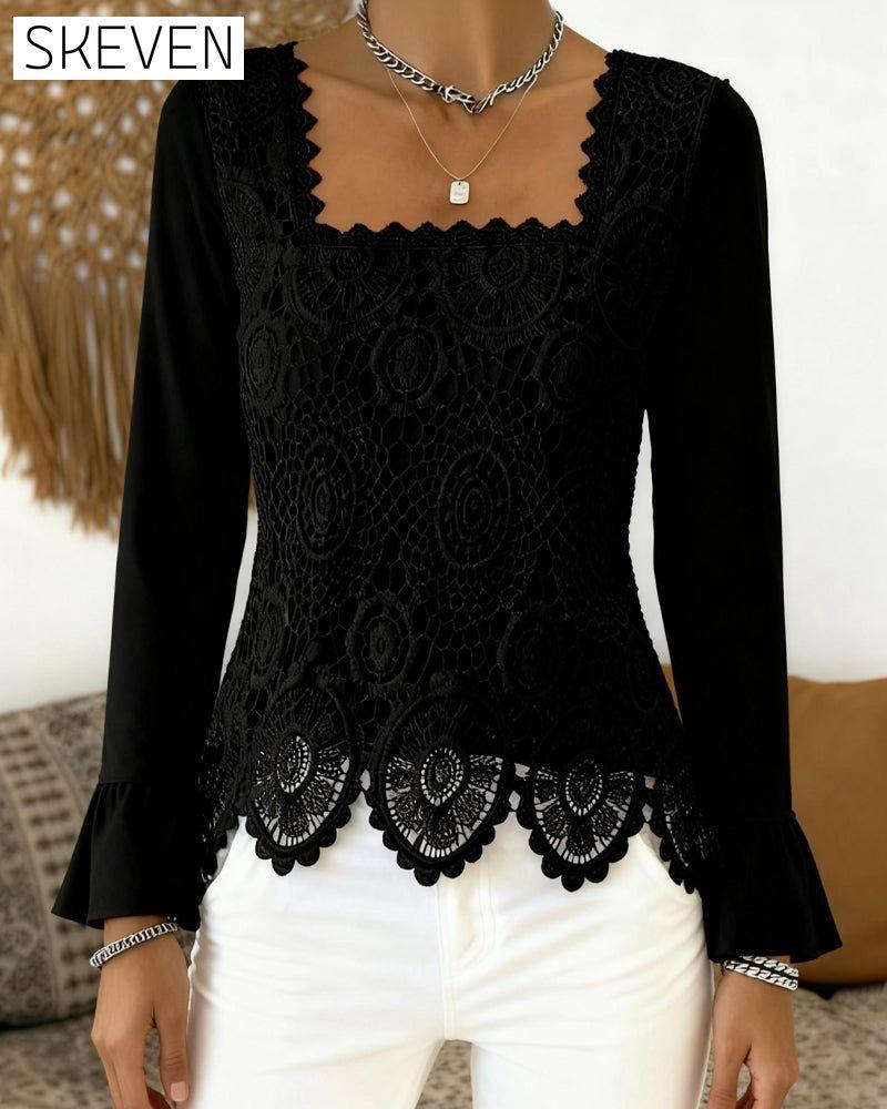 Gehäkelte Patchworkbluse mit weitem Ausschnitt