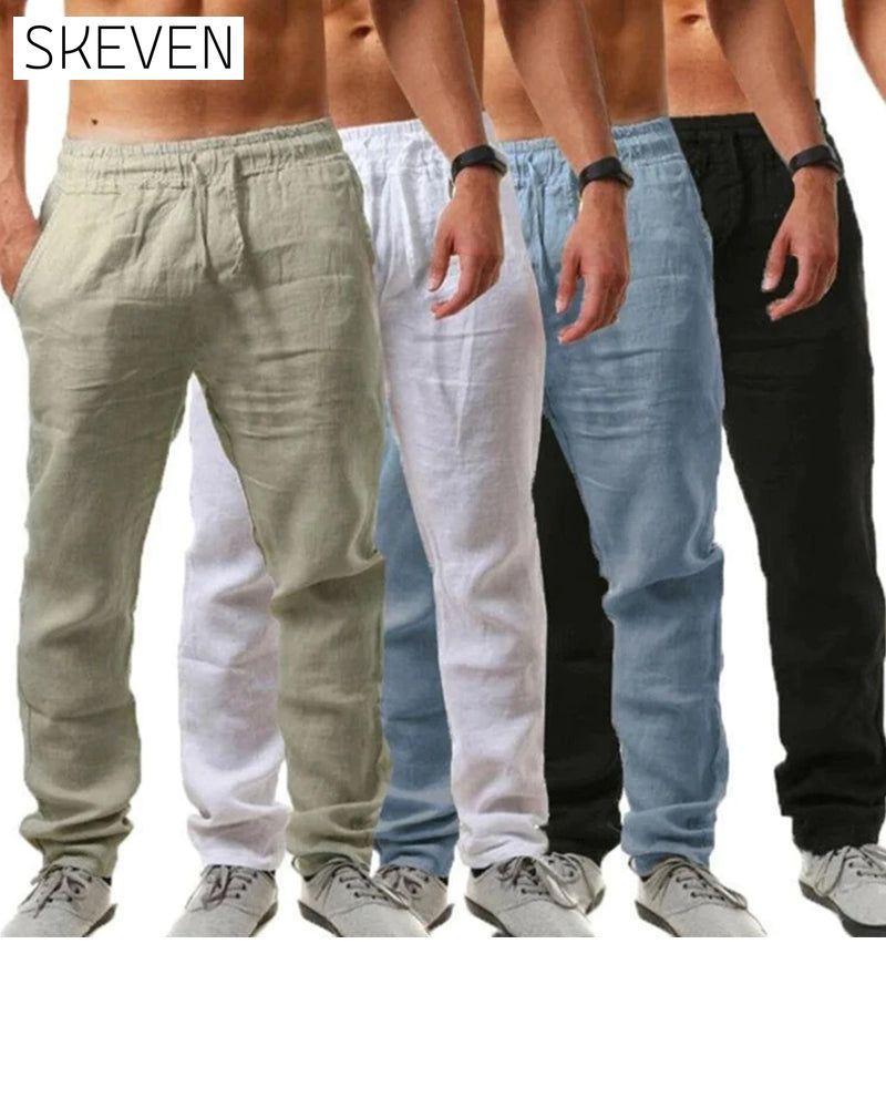 Pantalon en coton et lin respirant, couleur unie