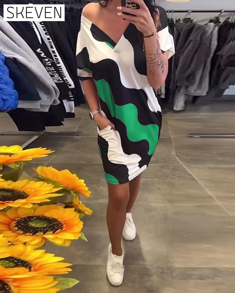 V-Neck Wave Print Dress