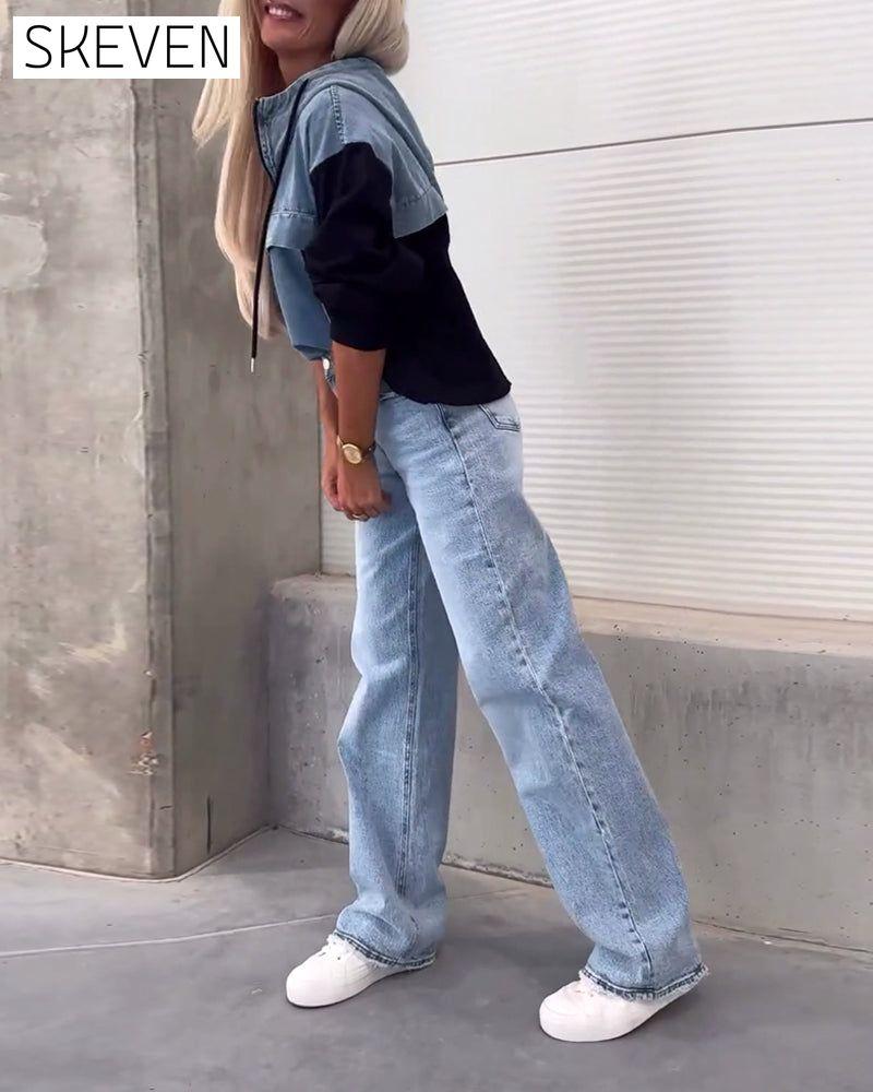 Casual denim patchwork zipper hoodie