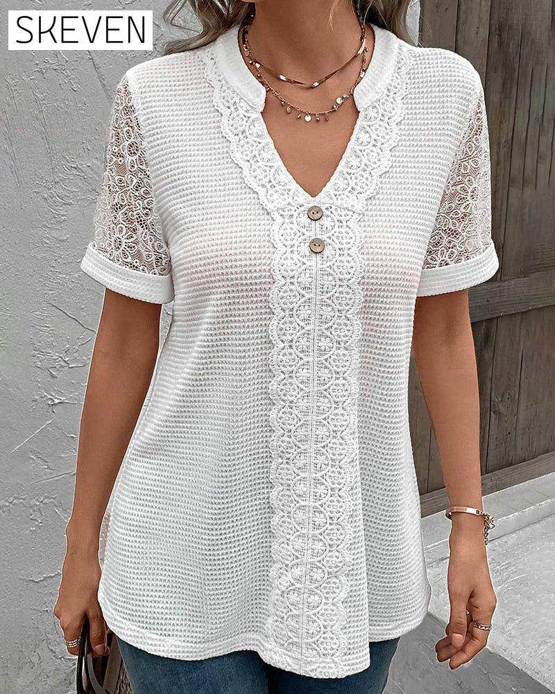 Solid color v-neck lace T-shirt