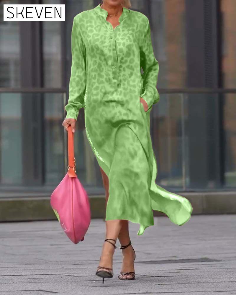 Long-Sleeved Leopard Print Slit Dress