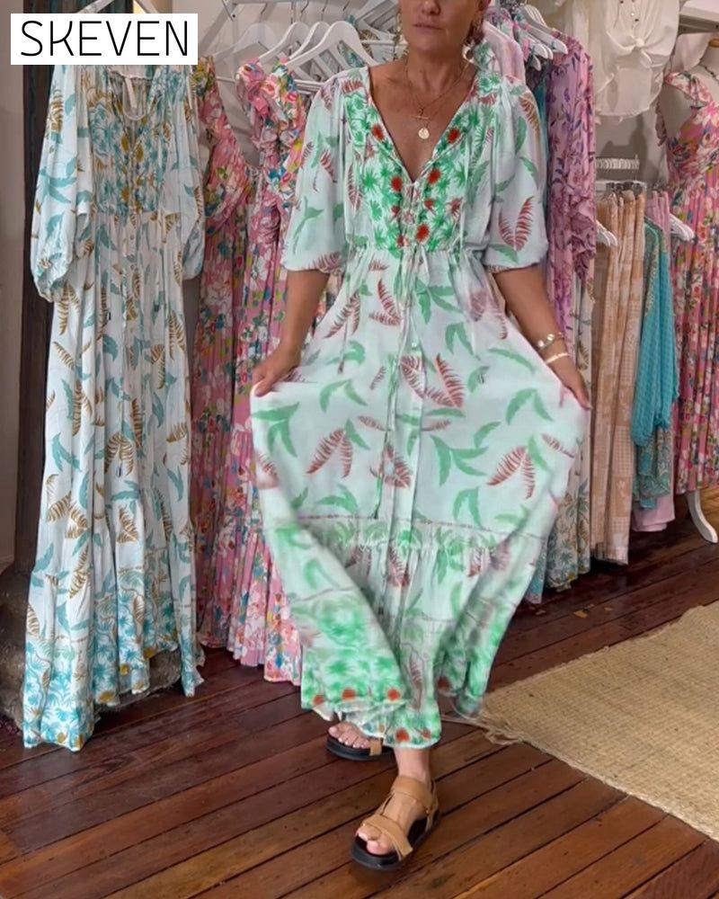 Maxikleid mit V-Ausschnitt und Blätterprint für Damen