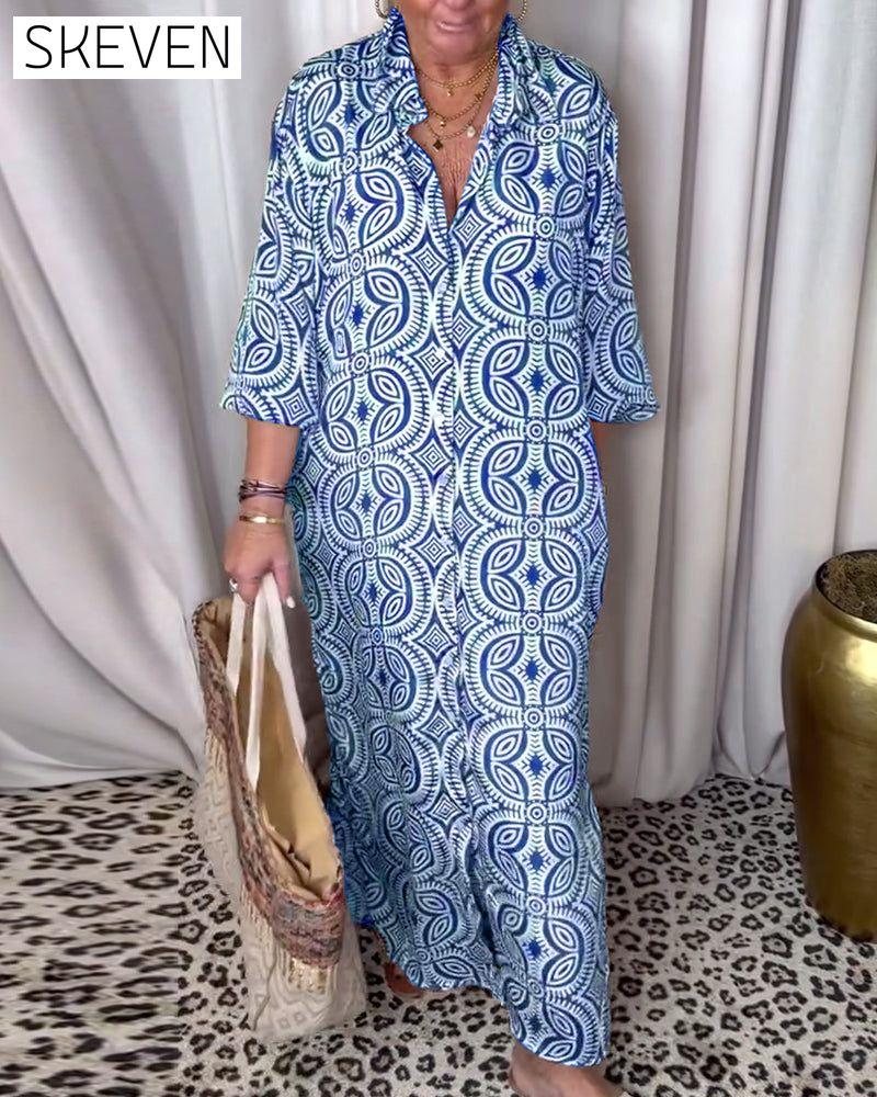 Vintage printed lapel pocket maxi dress