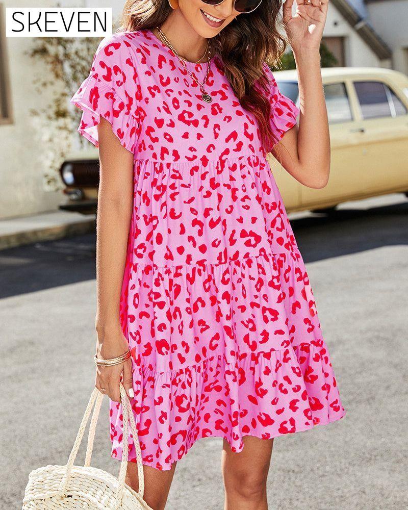 Short Sleeve Dress in Floral and Leopard Print Fuchsia Casual Dresses Clothes Dresses SALE Summer