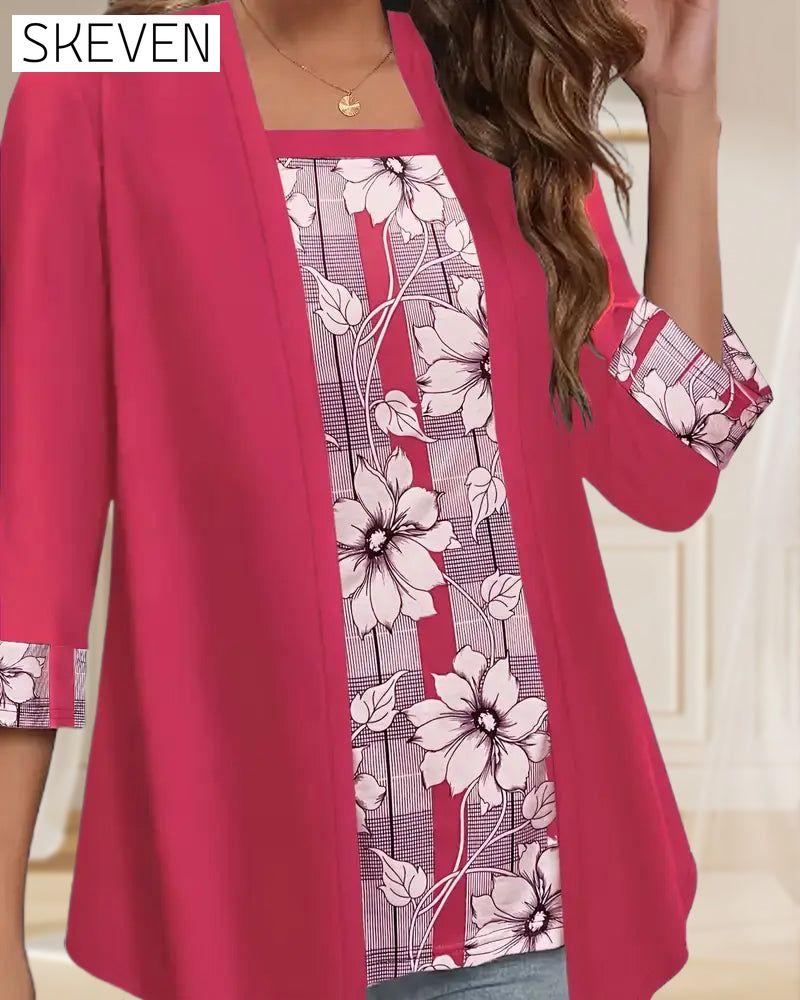Printed Fake Two-Piece Long-Sleeved Top