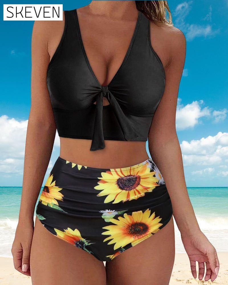 High Waist Push Up Floral Print Bikinis Black 23BF Bikinis Clothes Summer Swimwear