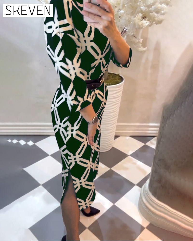 Geometric print side slit elegant dress