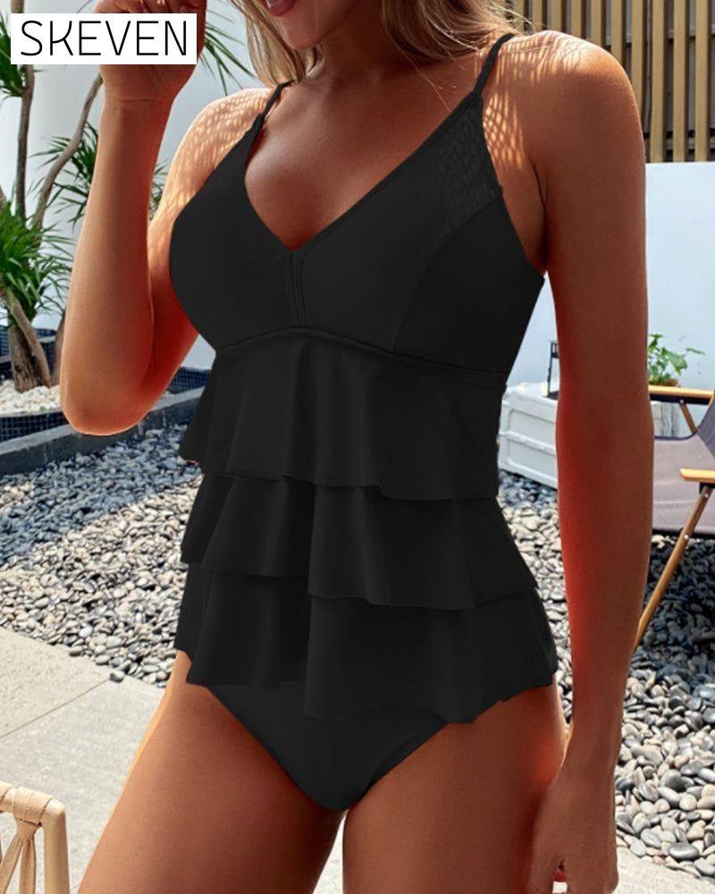 Solid color ruffled split tankini Black 23BF Clothes Summer Swimwear Tankinis