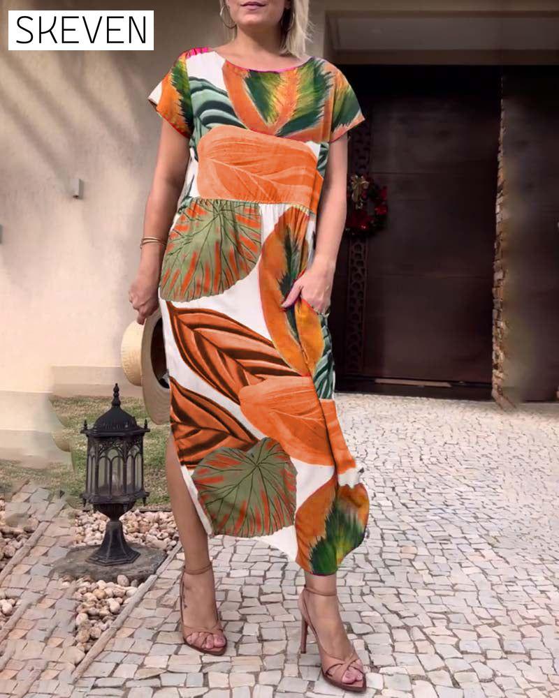 Leaf print short sleeve slit dress