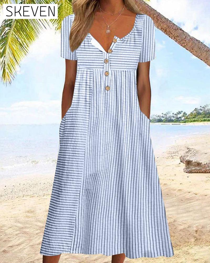Striped Print Short Sleeve Dress Blue 23BF Casual Dresses Clothes Dresses SALE Spring Summer