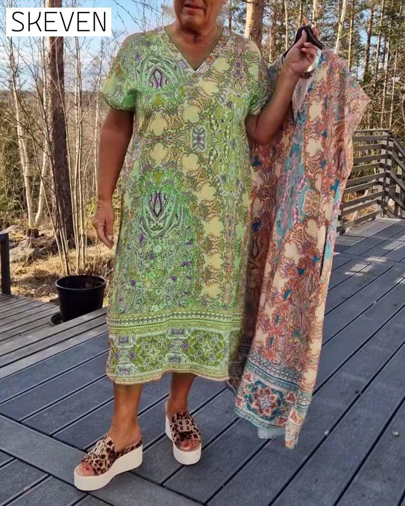 V-Neck Short-Sleeved Printed Shift Dress