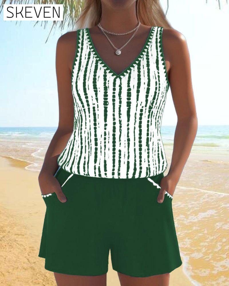 Casual Pocket V-Neck Printed Two-Piece Swimsuit