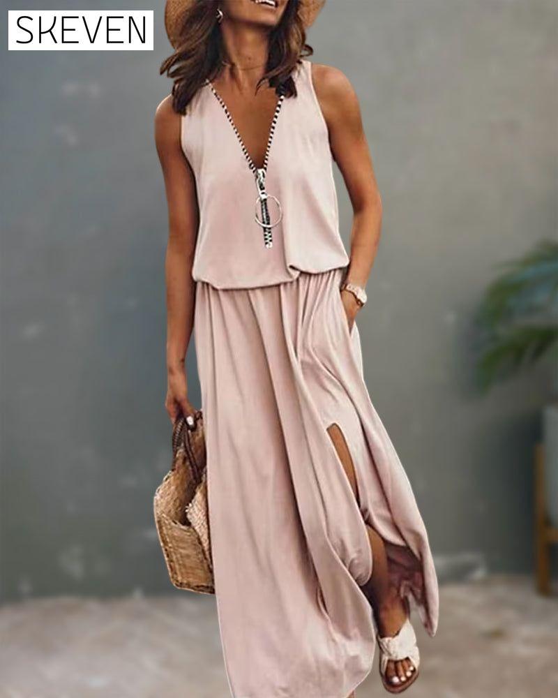 V Neck Zipper Dress