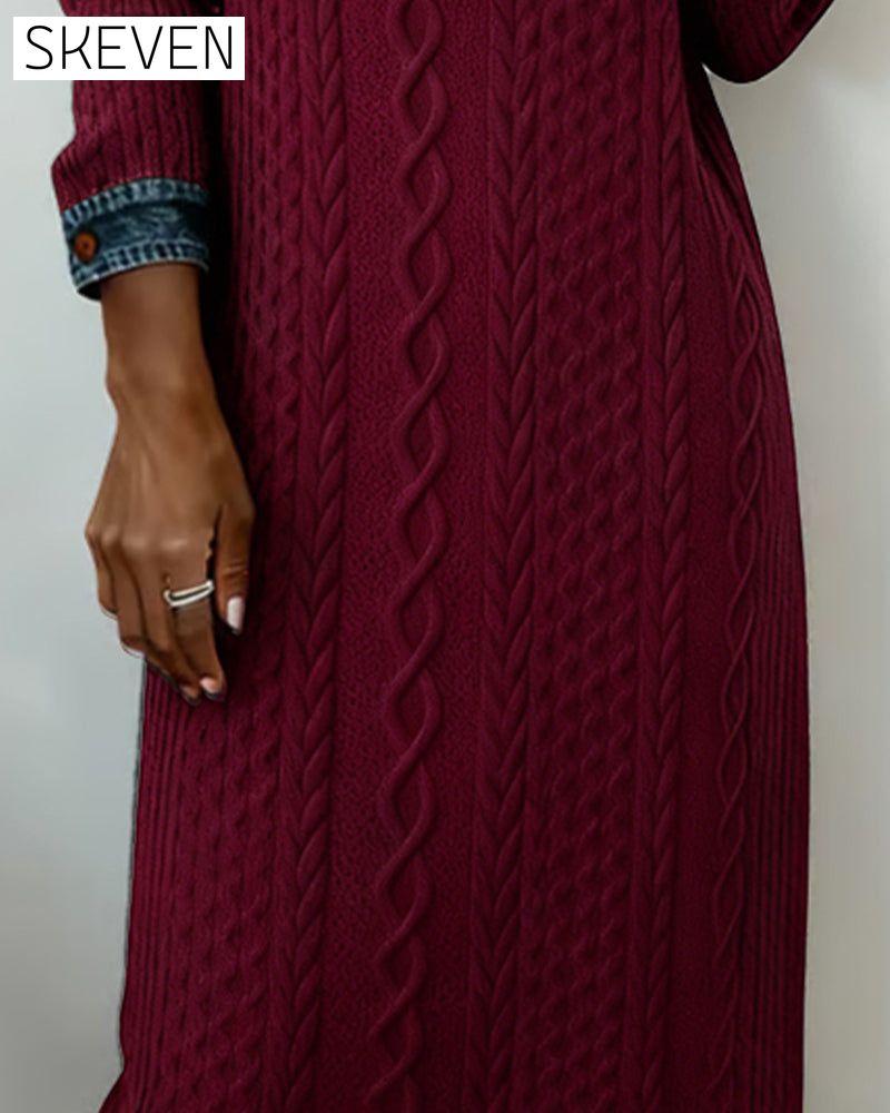 Denim cable knit patchwork collared dress