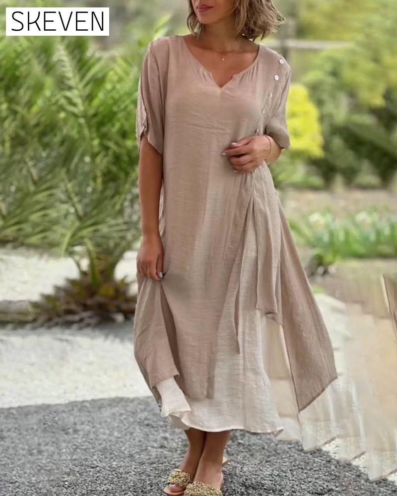 Casual Asymmetrical Dress with Short Sleeves Khaki 23BF Casual Dresses Clothes Dresses Spring Summer