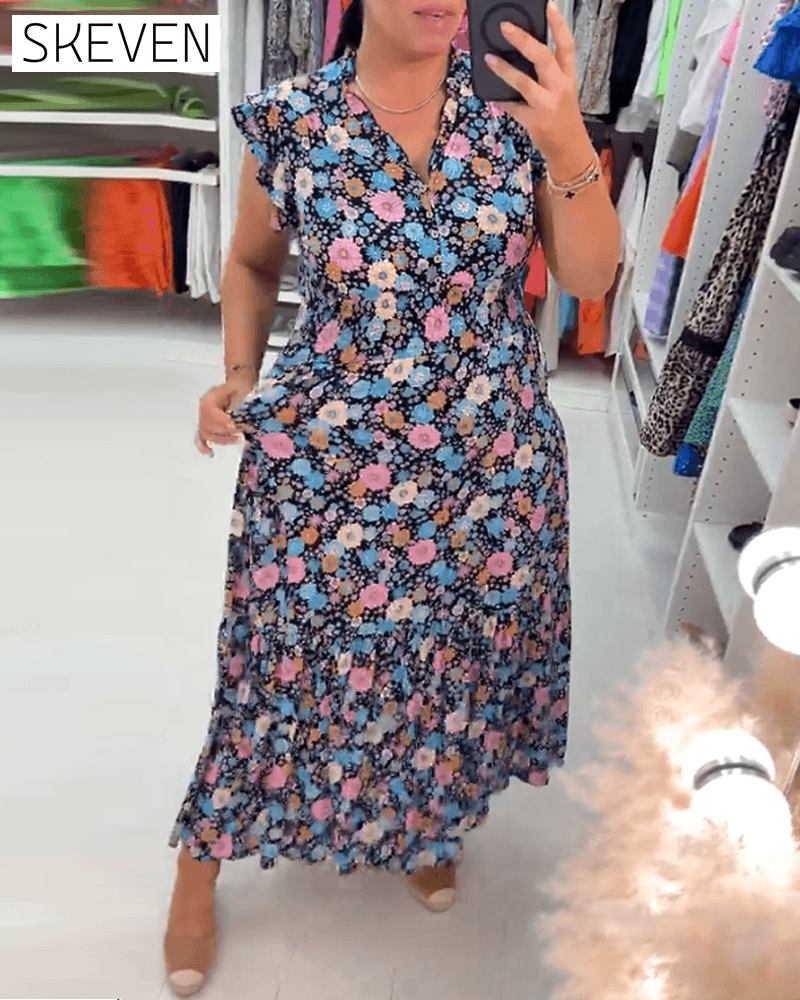 Ärmelloses Kleid mit V-Ausschnitt und Blumenmuster