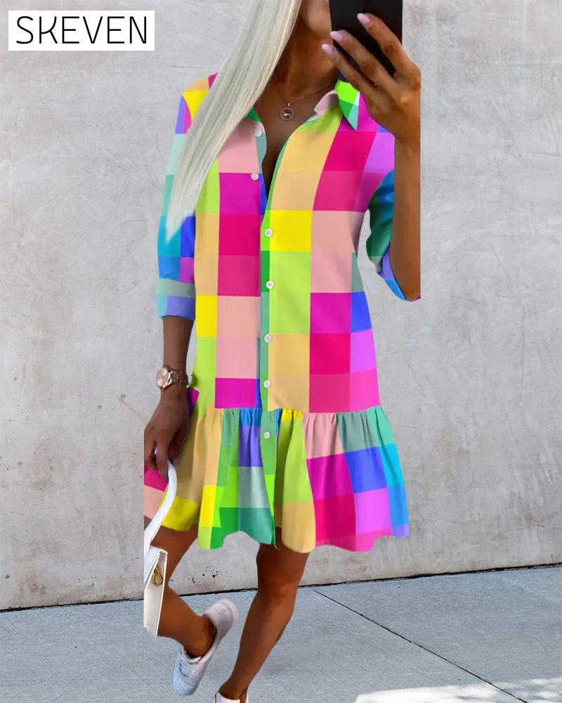 Colorful plaid print shirt dress