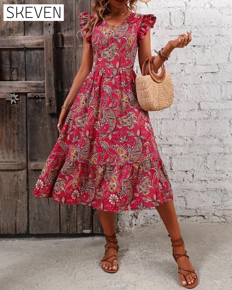 Printed v-neck short-sleeved dress 23BF Casual Dresses Clothes Dresses Spring Summer