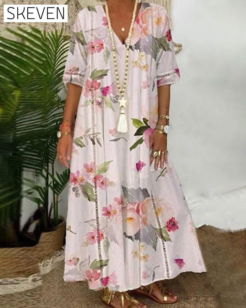 Romantic flowers printed dress Pink 23BF Casual Dresses Clothes Dresses Spring Summer