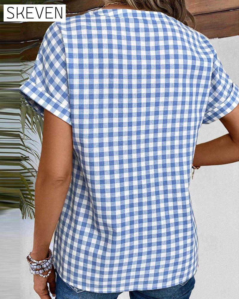 V-neck plaid print blouse