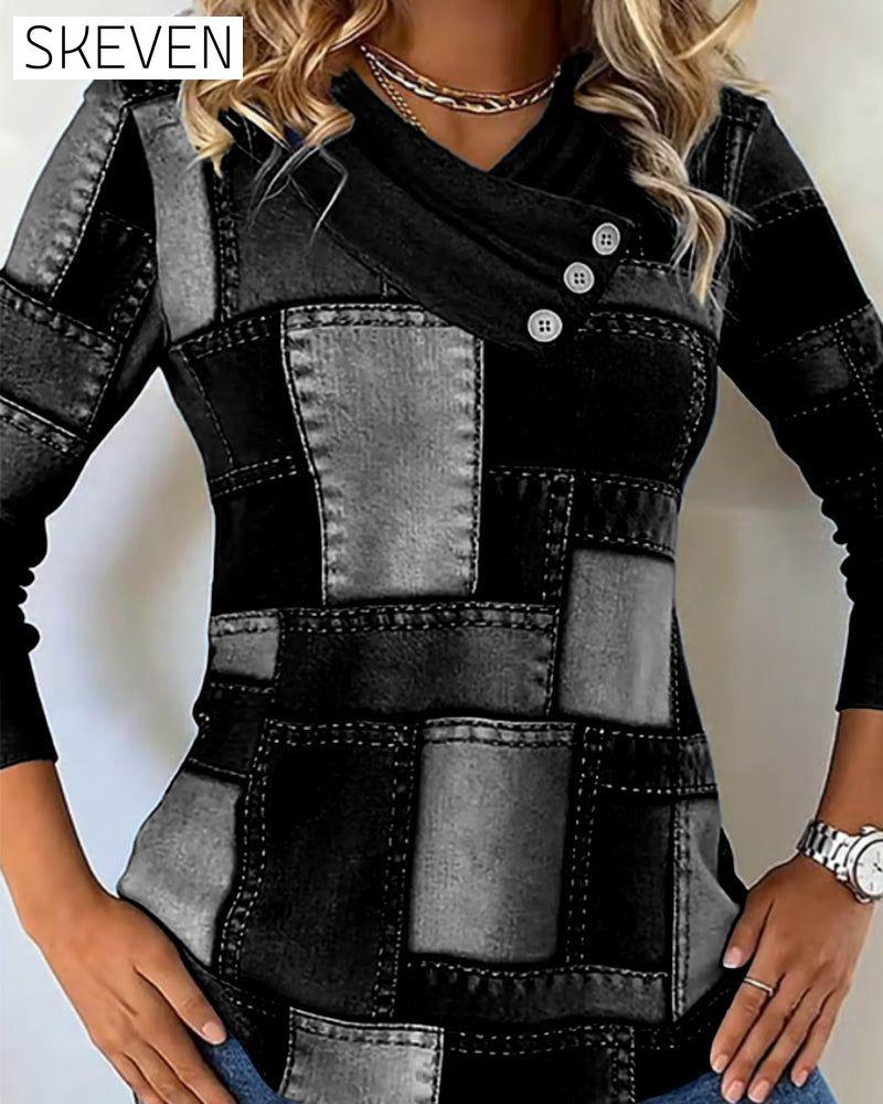 Langarmshirt mit V-Ausschnitt und kontrastierender Farbe