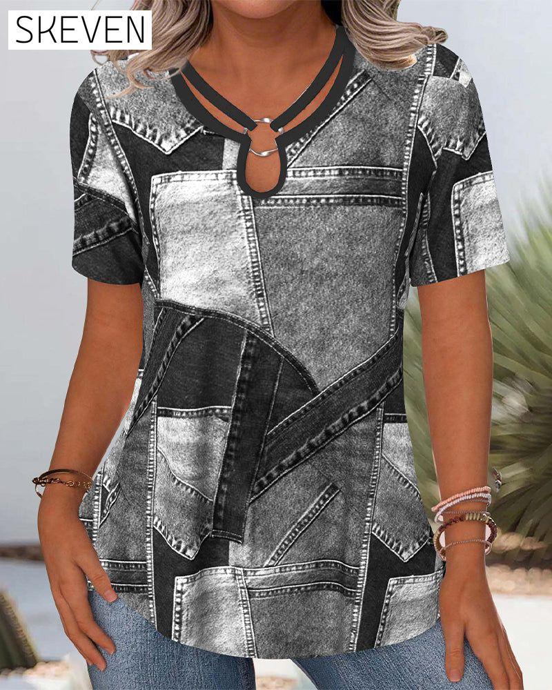 Vintage-Denimbluse mit Kontrastausschnitt