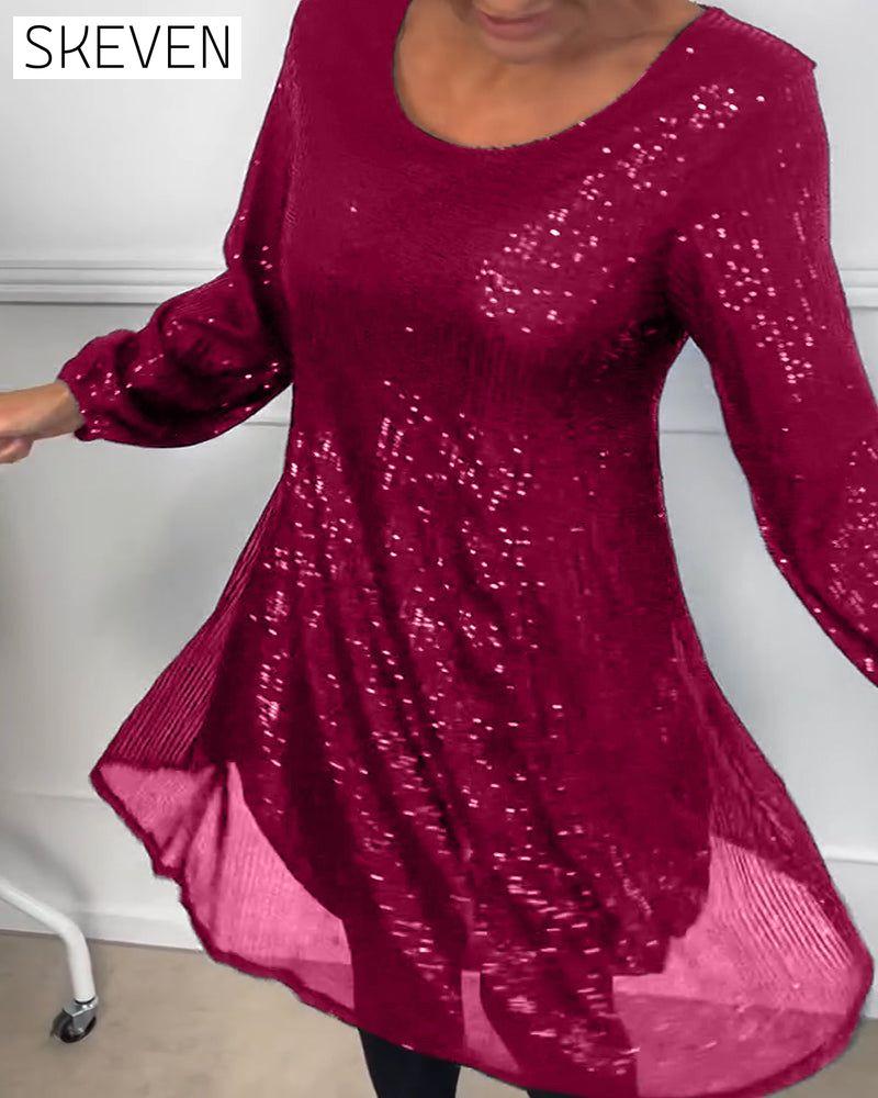 Elegantes, paillettenbesetztes A-Linien-Kleid mit Laternenärmeln