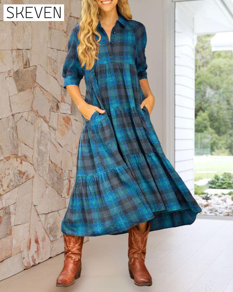 Lapel Plaid Half-Sleeved Dress