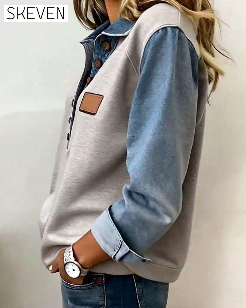 Sweat-shirt à manches longues en patchwork de denim élégant
