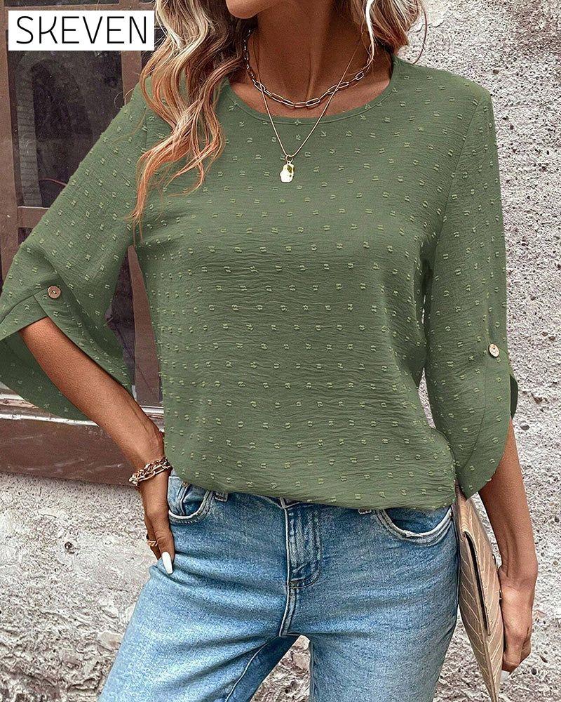 Chiffon-Jacquard-Bluse mit Rundhalsausschnitt, einfarbig