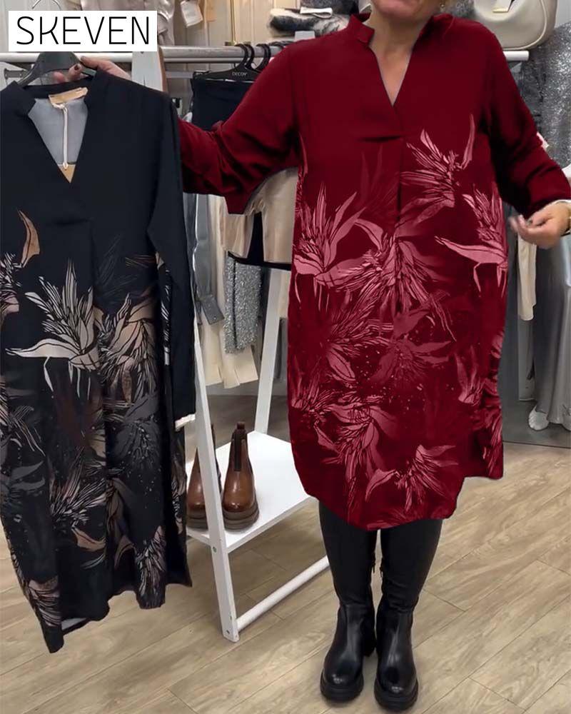 V-Neck Leaf Print Long-Sleeved Dress