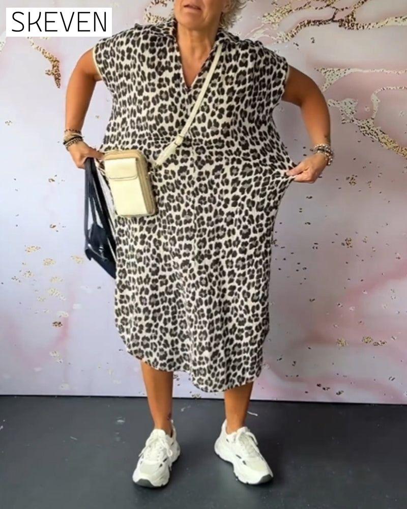 Leopardenmusterkleid mit V-Ausschnitt und kurzen Ärmeln 