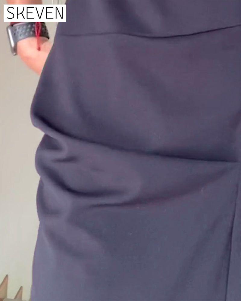 Round neck pleated solid color elegant dress