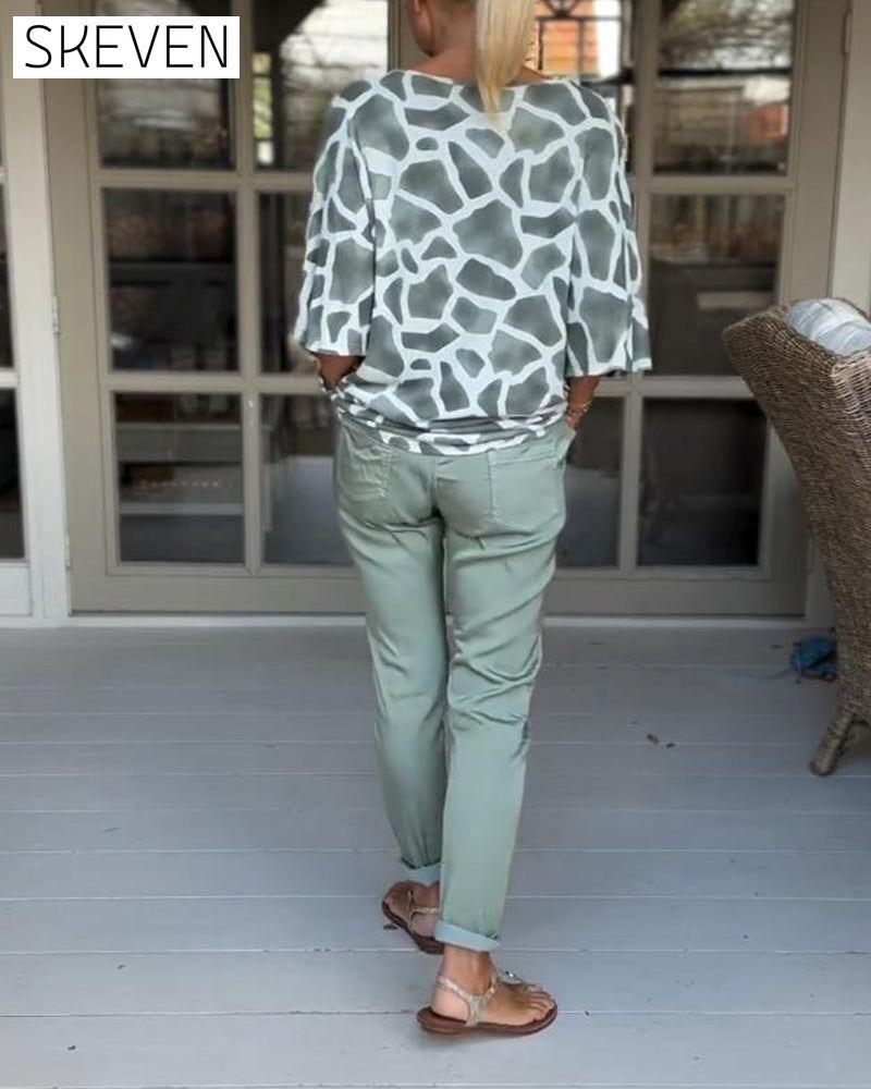 Elegant printed V-neck bat sleeves blouse