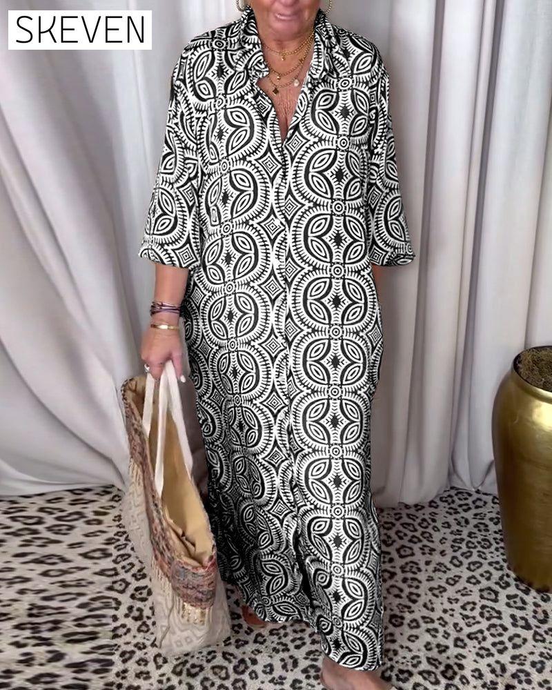 Vintage printed lapel pocket maxi dress