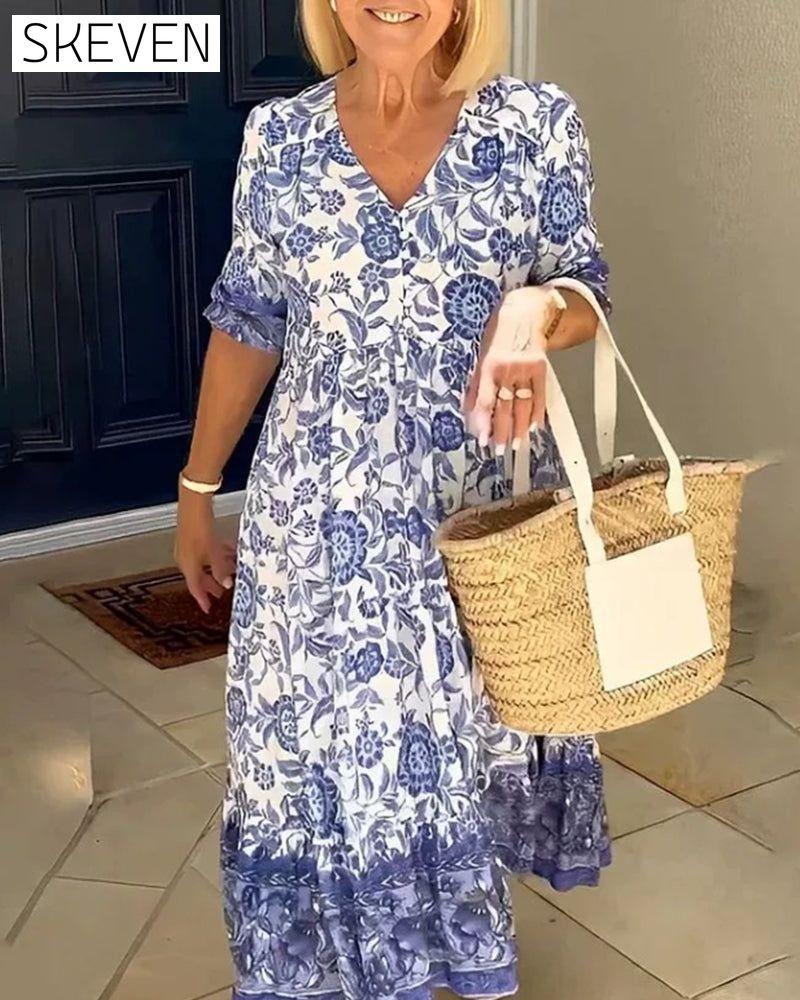 V Neck Blue Floral Print Dress 23BF Casual Dresses clothes dresses Spring Summer