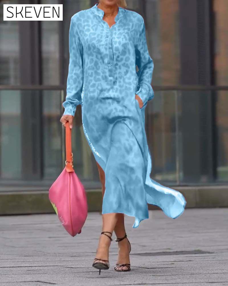 Long-Sleeved Leopard Print Slit Dress