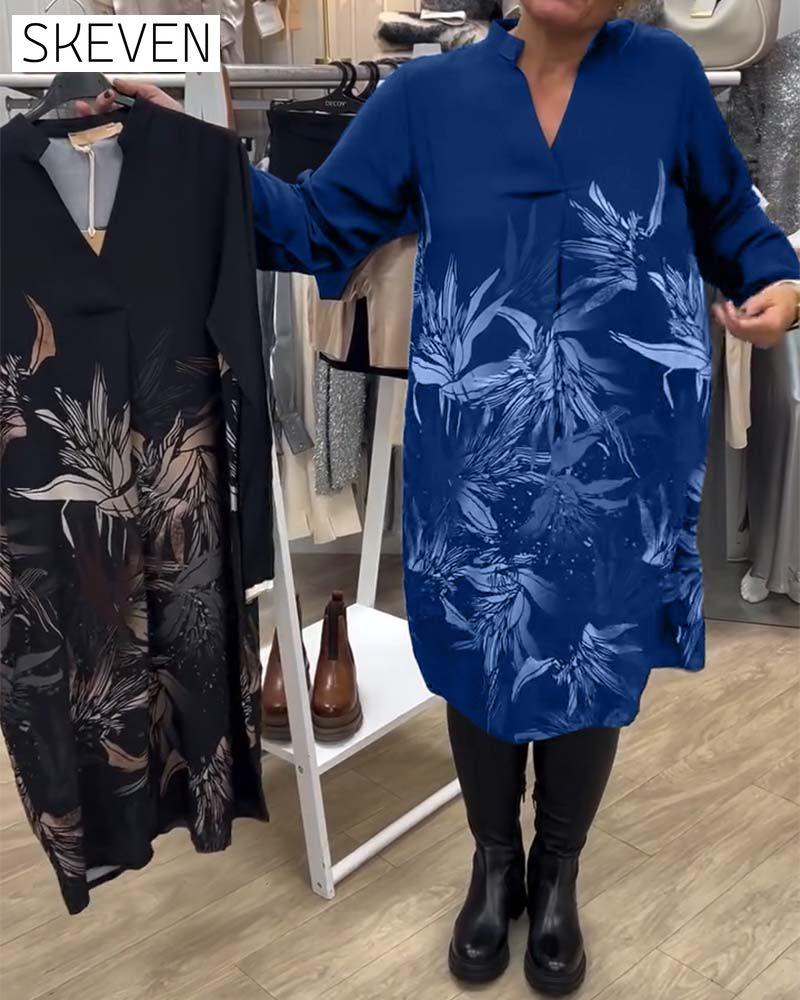 V-Neck Leaf Print Long-Sleeved Dress