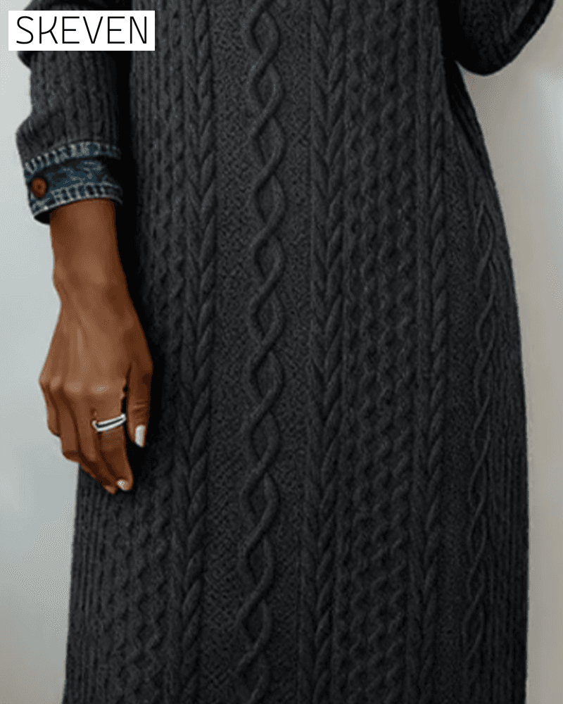 Denim cable knit patchwork collared dress