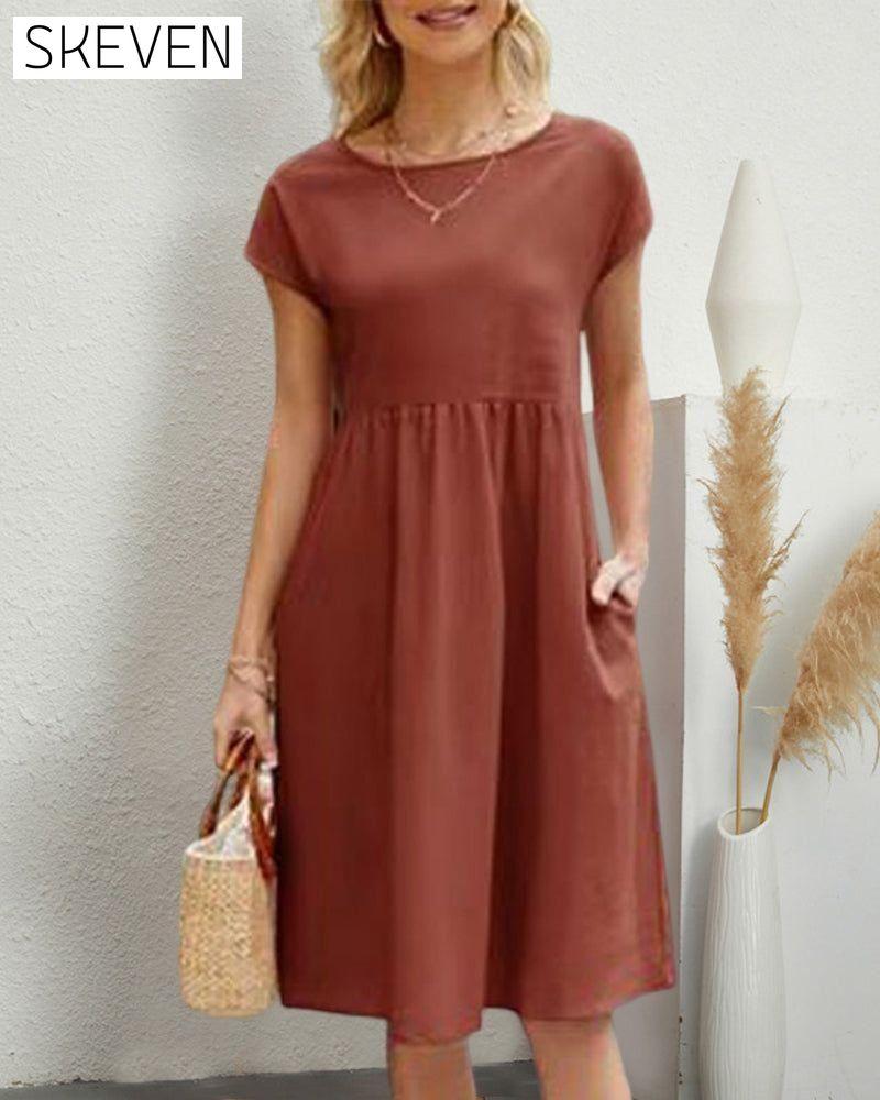Round neck loose cotton and linen dress Orange 23BF casual dresses Clothes Cotton and Linen discount Dresses Spring summer
