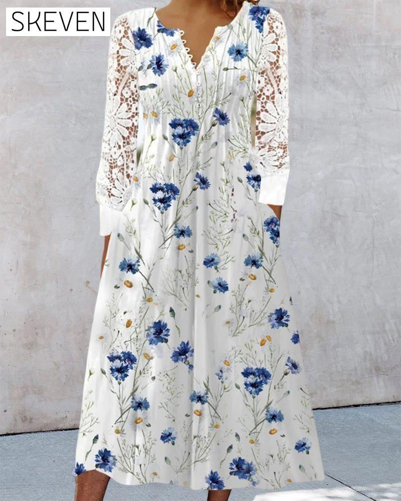 Lace Dress with Floral Print 23BF Casual Dresses Clothes Dresses SALE Spring Summer
