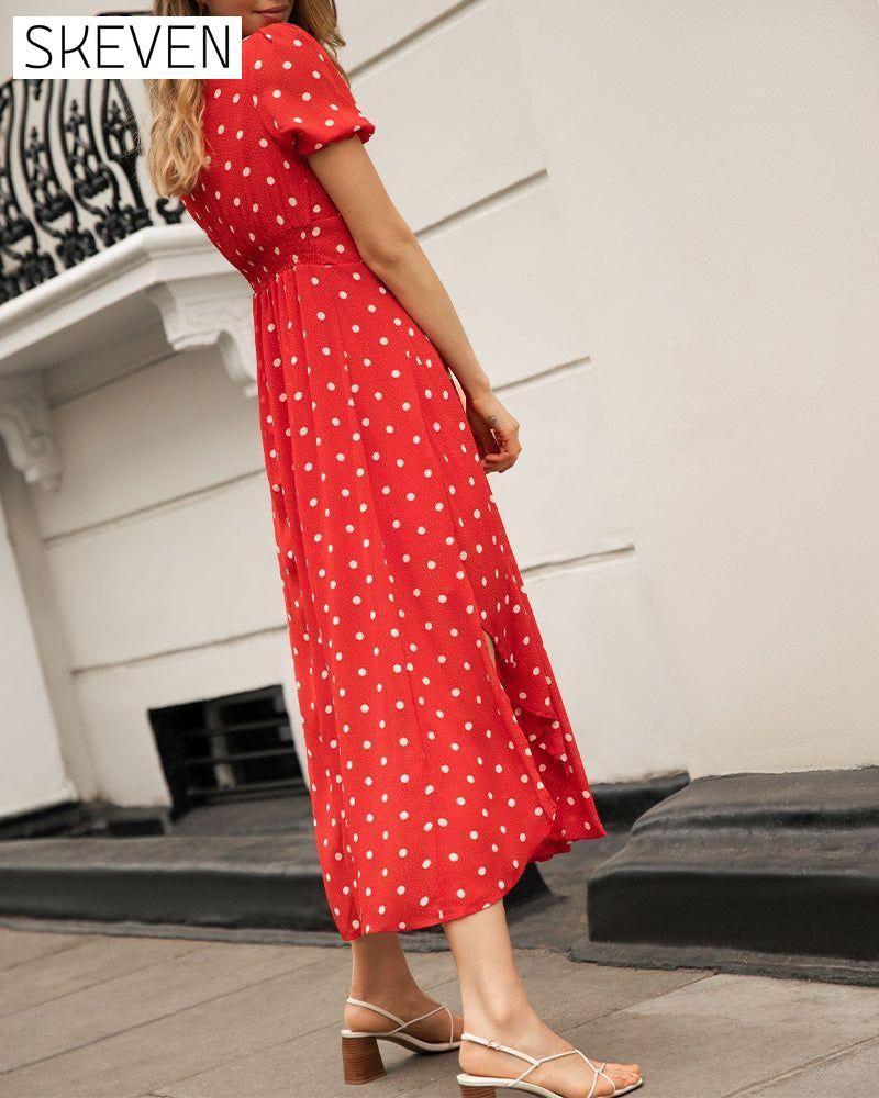 Romantic polka dot print waist dress 23BF Casual Dresses Clothes Dresses Elegant Dresses Summer