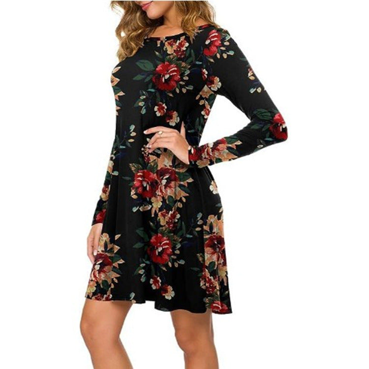 Casual Floral Print Round Neck Long Sleeve Holiday Dress