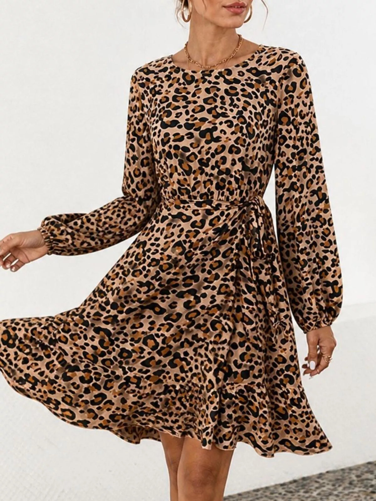 Animal Print Round Neck Mini Dress